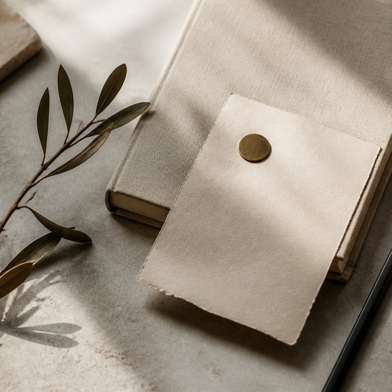 Project One, image 2. A quiet identity study — paper, mark and a little brass.