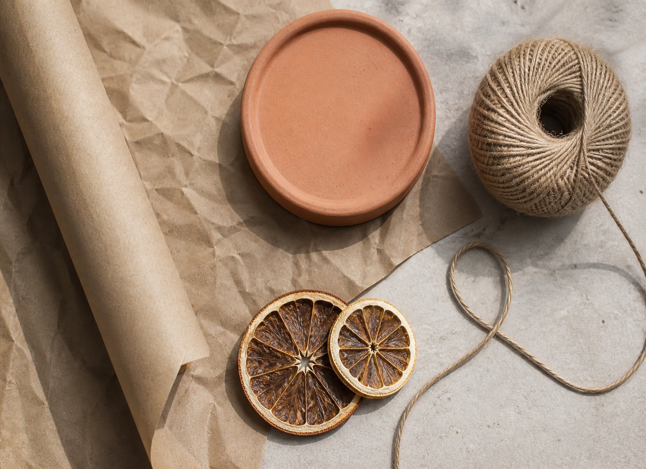 Project Two, image 1. A packaging mood — terracotta, twine and shelf light.