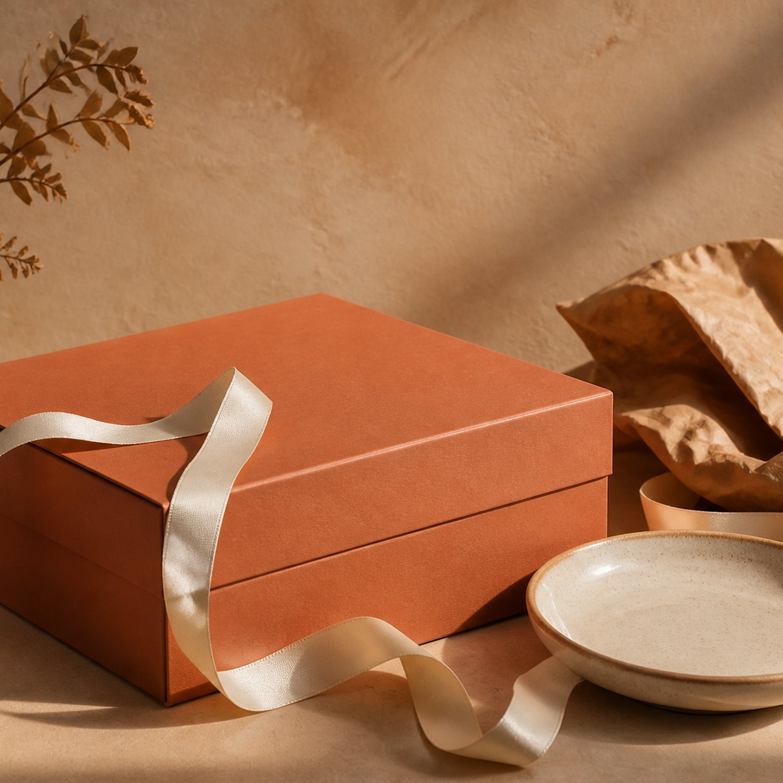 Project Two, image 1. A packaging mood — terracotta, twine and shelf light.