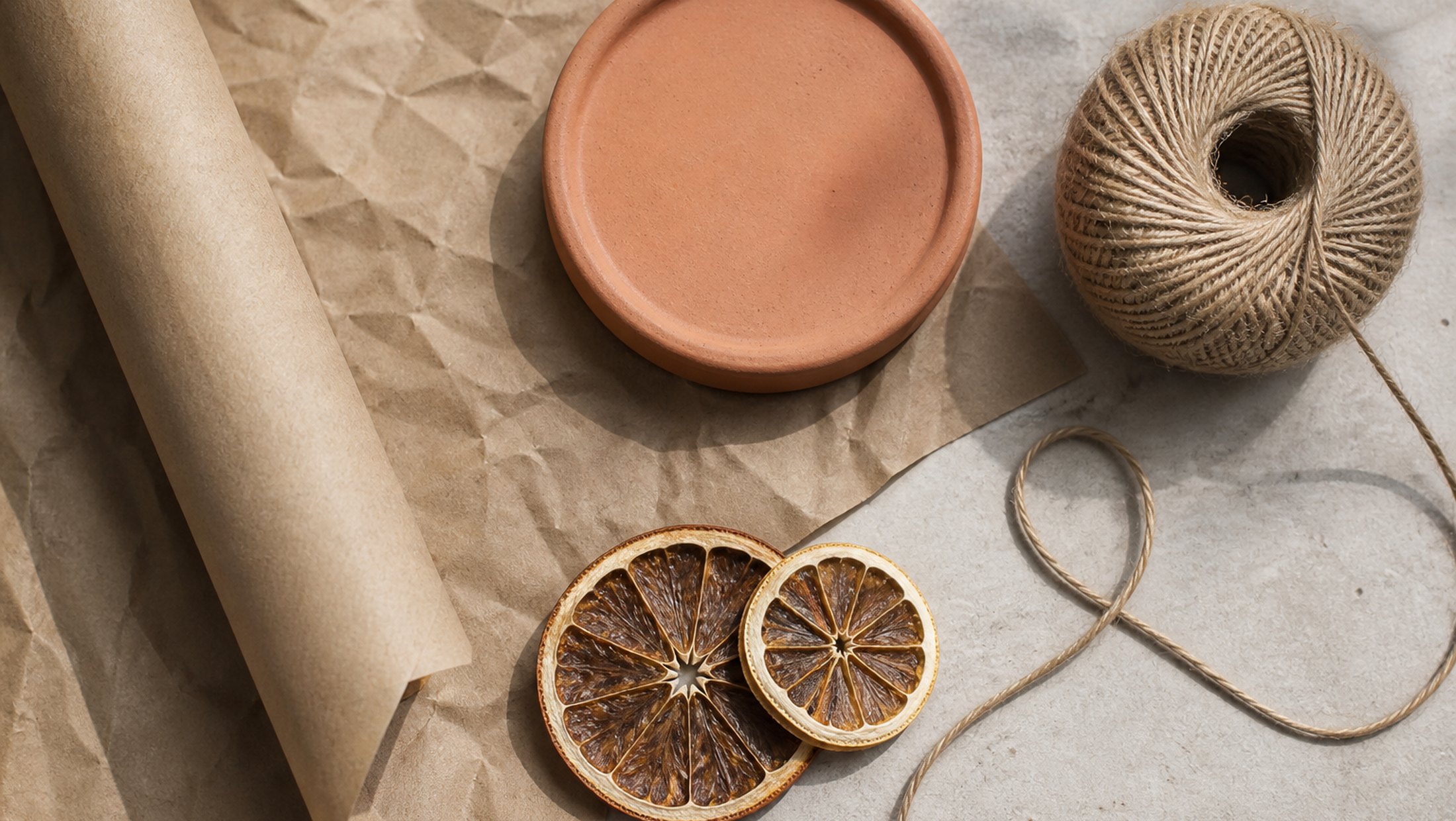 Project Two, image 1. A packaging mood — terracotta, twine and shelf light.
