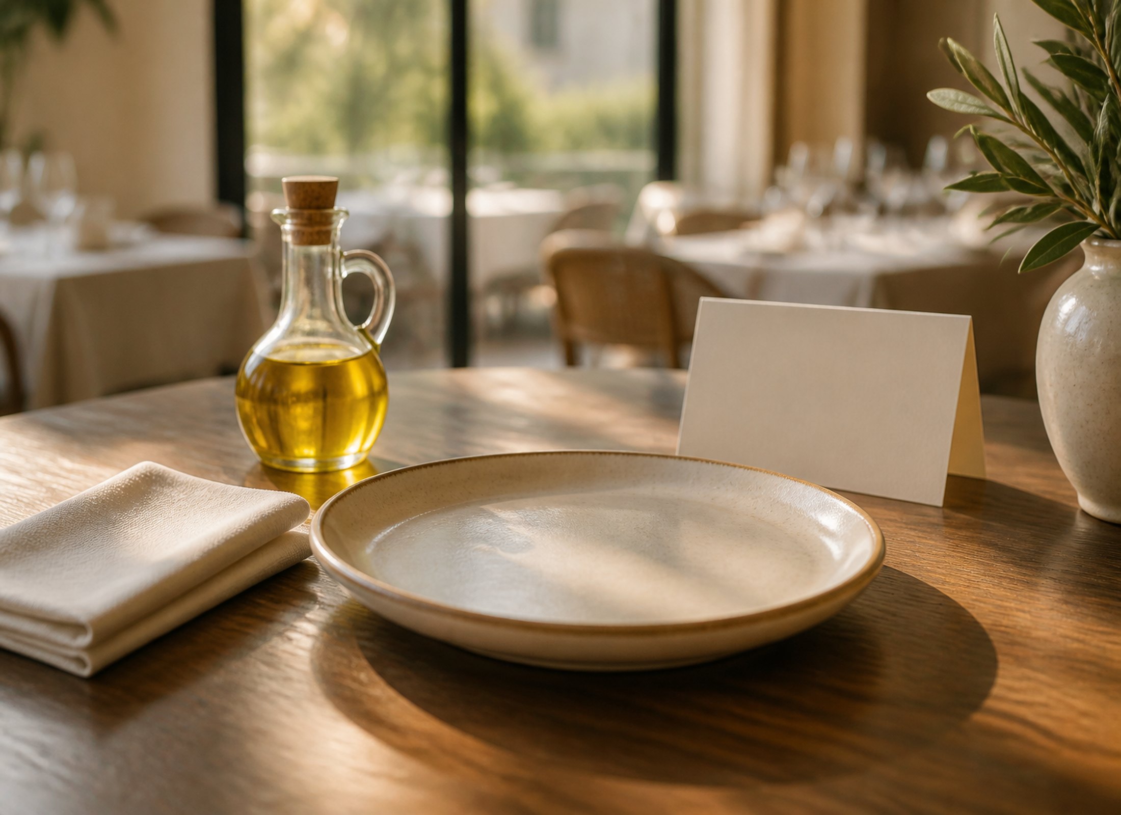 Project Six, image 1. A table set for a menu — linen, ceramic, a blank card.