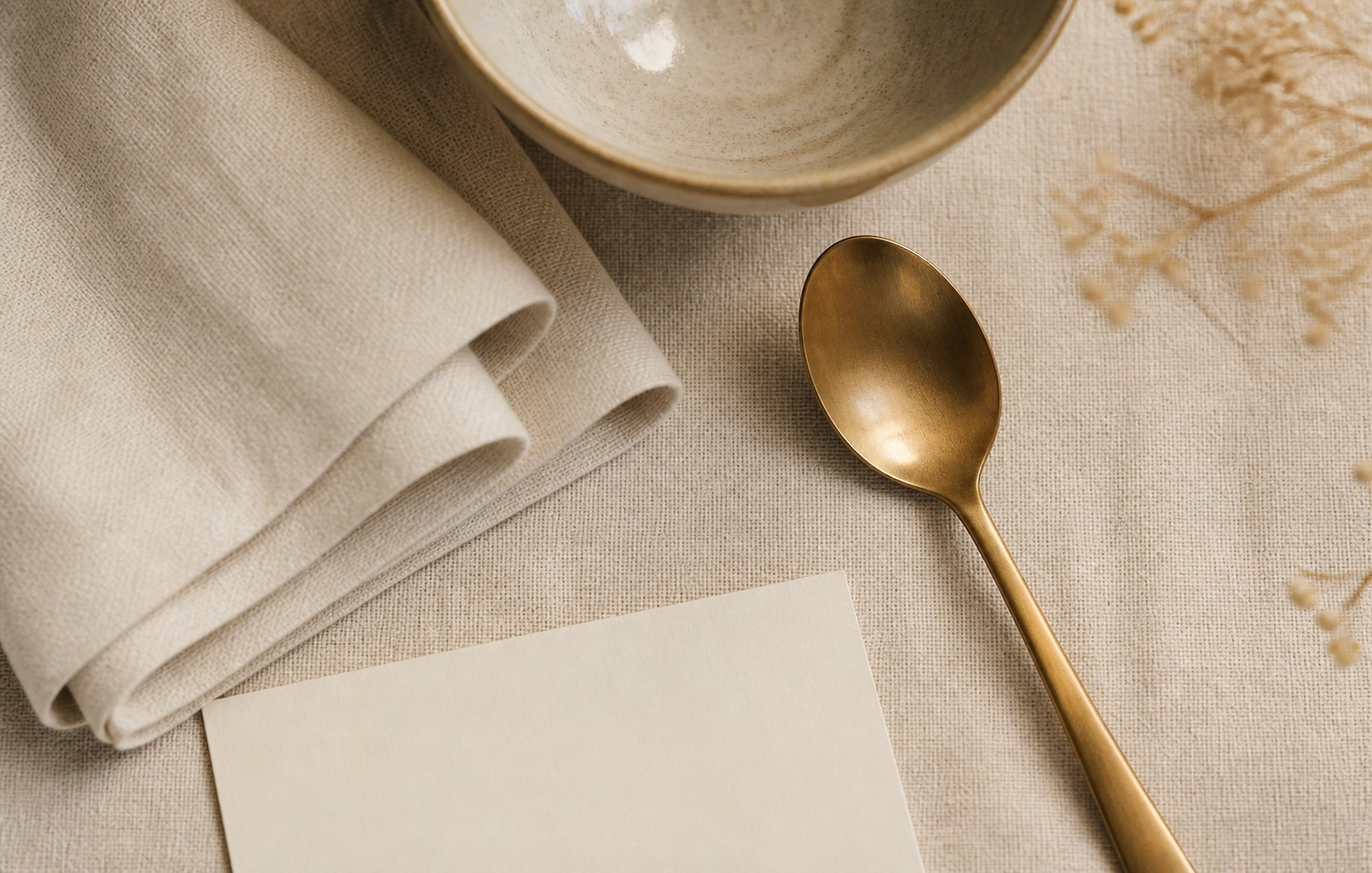 Project Six, image 1. A table set for a menu — linen, ceramic, a blank card.