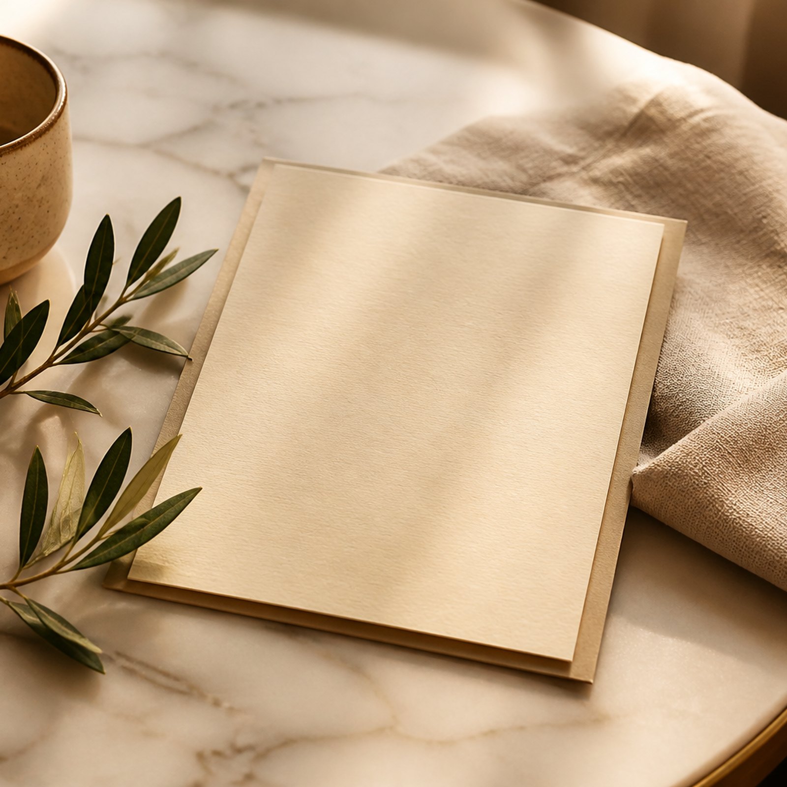 Project Six, image 2. A table set for a menu — linen, ceramic, a blank card.