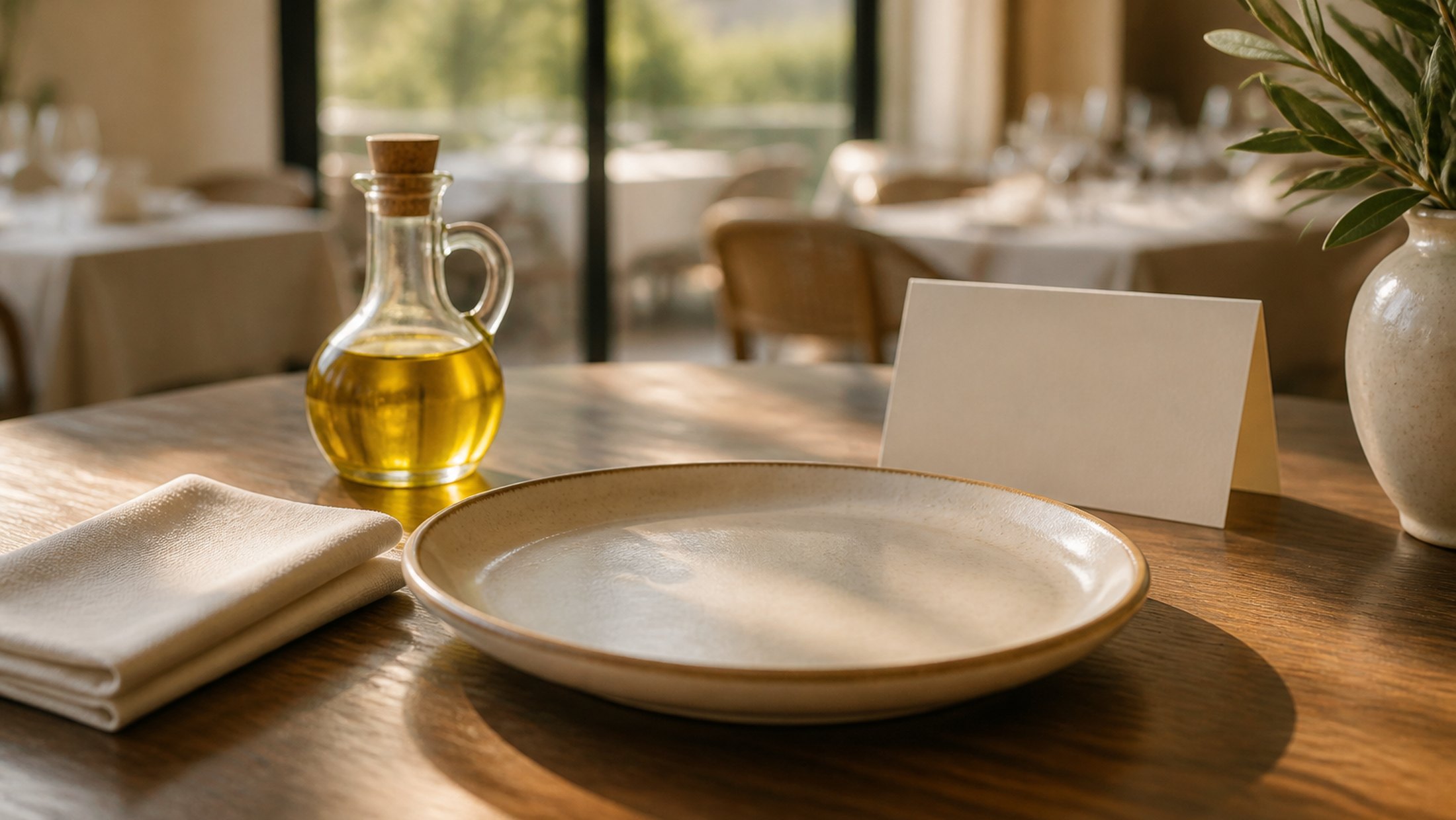 Project Six, image 3. A table set for a menu — linen, ceramic, a blank card.
